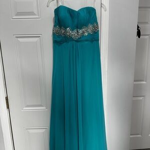 Vintage Teal Strapless Dress with Embellished Waist